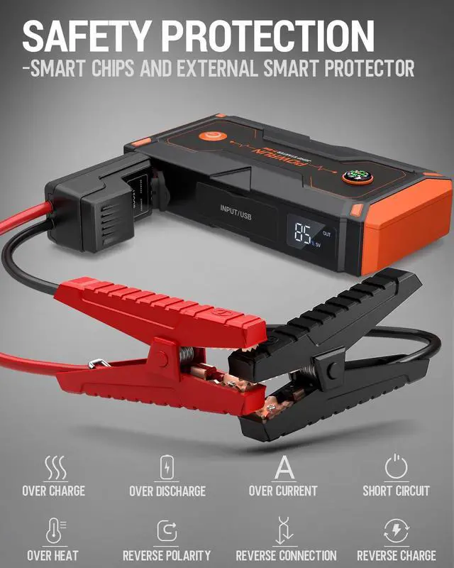 Alt view image 4 of 7 - Powrun P-ONE Jump Starter, 2000A Portable Jump Box - Car Jump Starter Battery Pack for up to 8.0L Gas and 6.5L Diesel Engines, 12V Battery Jump Starter with Carry Case (Orange)