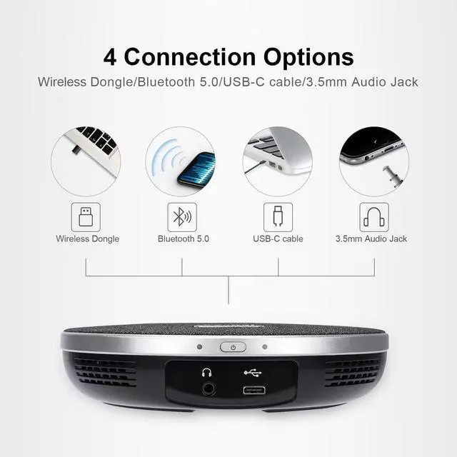 Alt view image 4 of 7 - Conference Speaker with Microphone, Bluetooth/Wireless/USB omnidirectional Speakerphone Noise Cancelling Call 360° Pickup for Zoom MicroTeams OBS 10~12 People Online Meeting by DT