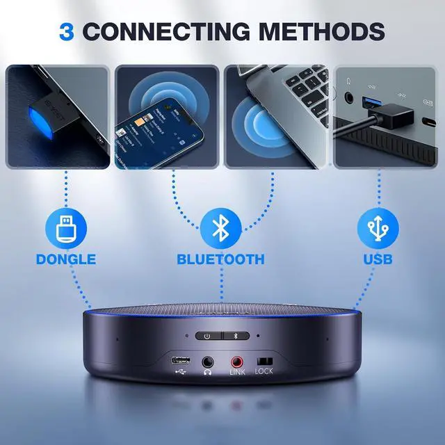 Alt view image 7 of 7 - Bluetooth Speakerphone M3, Zoom Certified 4 AI Mics 360°Voice Pickup 18H Talk Time Conference Speaker and Microphone, USB/Bluetooth Conference Speaker w/Daisy Chain for 20 People for Zoom Teams