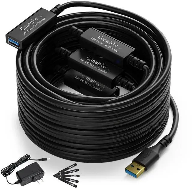 Main image of USB 3.0 Active Extension Cable 100 Feet, Long USB Type-A Male to Female Extender Cord, Built-in 3 Signal Booster Smart Chips, 5Gbps Transfer, Black USB Extension Cable with an AC Power Adapter (5V 2A)