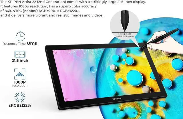 Alt view image 2 of 7 - Drawing Tablet with Screen XPPen Artist 22 2nd Computer Graphics Tablet 122% sRGB with 8192 Levels Tilt Function Battery-Free Stylus, 21.5inch Pen Display Compatible with Windows, Mac, Linux