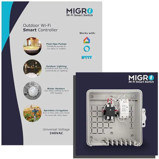 Alt view image 2 of 7 - Migro Outdoor Smart Wi-Fi Outlet Box, Heavy Duty 50A Resistive 240VAC 40A 10HP Pool Heater, Wireless Pump Control, Timer Switch, Compatible with Smart Phone, Alexa, Google Home, IFTTT UL Listed