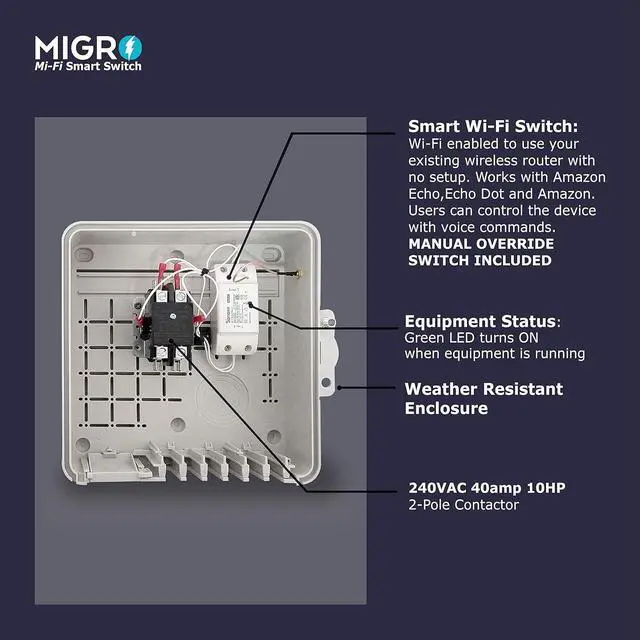 Alt view image 4 of 7 - Migro Outdoor Smart Wi-Fi Outlet Box, Heavy Duty 50A Resistive 240VAC 40A 10HP Pool Heater, Wireless Pump Control, Timer Switch, Compatible with Smart Phone, Alexa, Google Home, IFTTT UL Listed