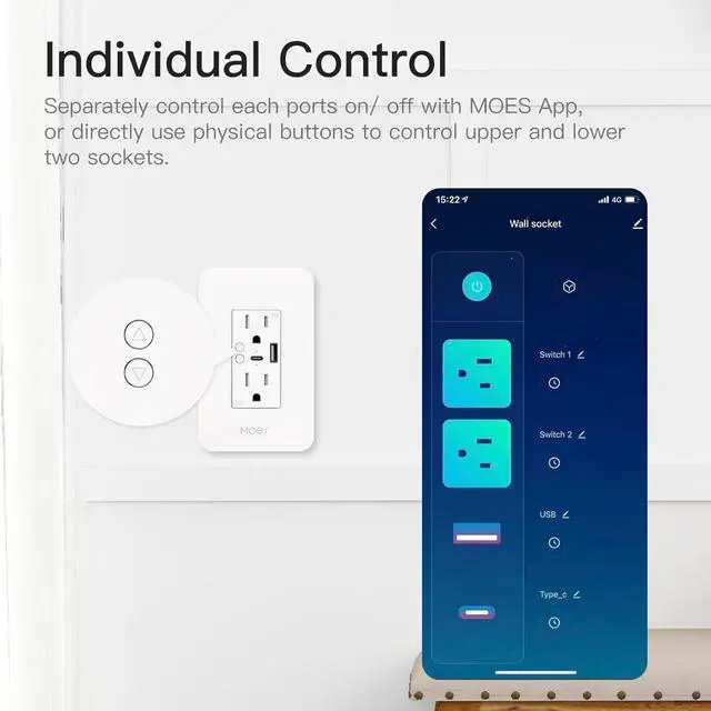 Alt view image 3 of 7 - MOES Smart USB Wall Outlet Receptacle with Type-C & Type-A Charger, 2.4GHz Wi-Fi in-Wall Plug Socket, Remote Individual Control On/Off 15Amp, NO Hub Required