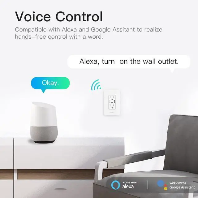 Alt view image 5 of 7 - MOES Smart USB Wall Outlet Receptacle with Type-C & Type-A Charger, 2.4GHz Wi-Fi in-Wall Plug Socket, Remote Individual Control On/Off 15Amp, NO Hub Required