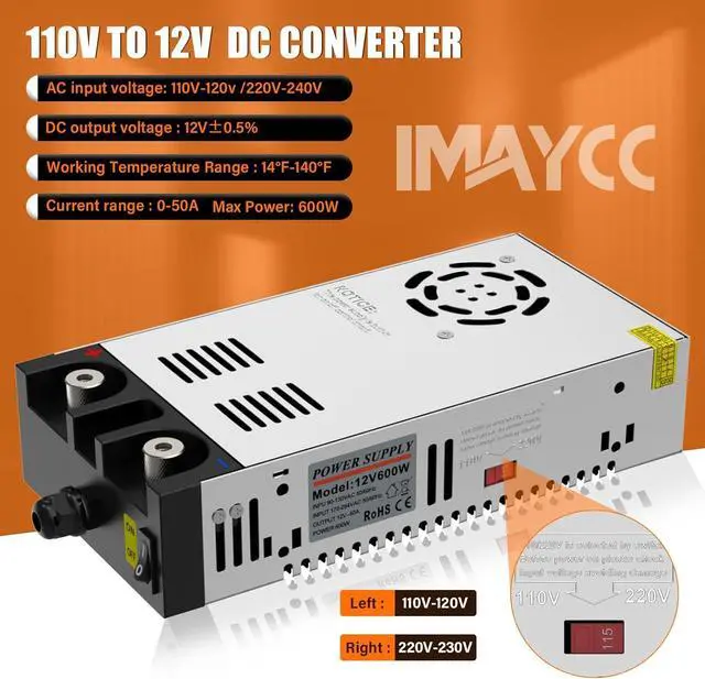 Alt view image 2 of 7 - 110V to 12V DC Converter, IMAYCC AC to DC Converter 600W 50A,120V to 12V Power Supply, Adjustable Power Supply