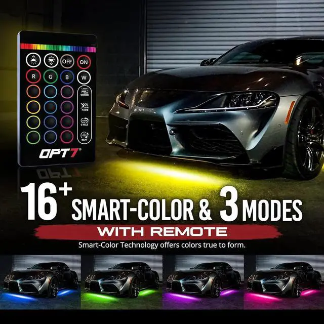 Alt view image 5 of 7 - OPT7 Aura Aluminum Underglow Lighting Kit w/Keyless Unlock Light, 4pcs Exterior Neon Accent LED Underbody Strip, Multicolor Modes, Waterproof, Soundsync, Door Assist, Remote Control, Car Truck RV
