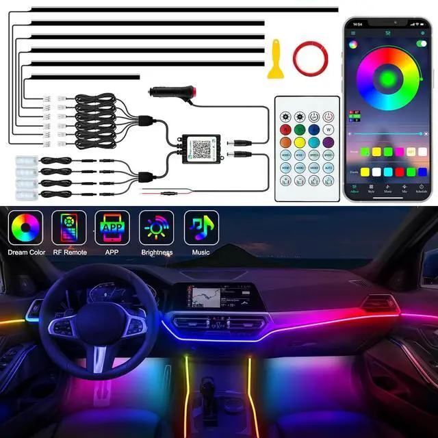 Main image of Interior Car LED Strip Lights, Acrylic LED Lights for Car with Dynamic Dreamcolor Chasing, Ambient Lighting Kits Music Sync Wireless APP and RF Remote Control (10 in 1)