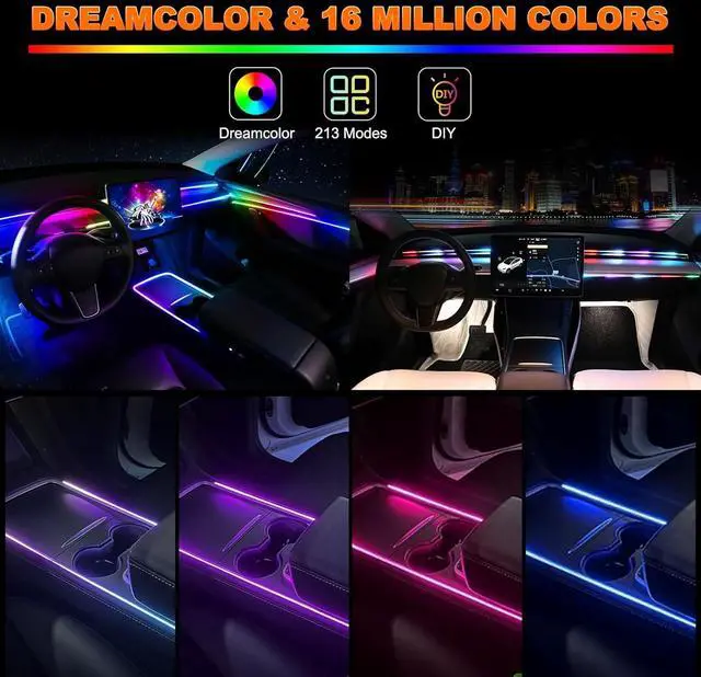 Alt view image 2 of 7 - Interior Car LED Strip Lights, Acrylic LED Lights for Car with Dynamic Dreamcolor Chasing, Ambient Lighting Kits Music Sync Wireless APP and RF Remote Control (10 in 1)