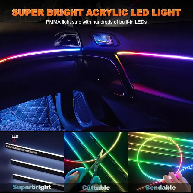 Alt view image 3 of 7 - Interior Car LED Strip Lights, Acrylic LED Lights for Car with Dynamic Dreamcolor Chasing, Ambient Lighting Kits Music Sync Wireless APP and RF Remote Control (10 in 1)