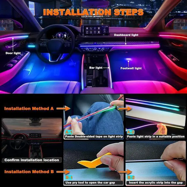 Alt view image 4 of 7 - Interior Car LED Strip Lights, Acrylic LED Lights for Car with Dynamic Dreamcolor Chasing, Ambient Lighting Kits Music Sync Wireless APP and RF Remote Control (10 in 1)