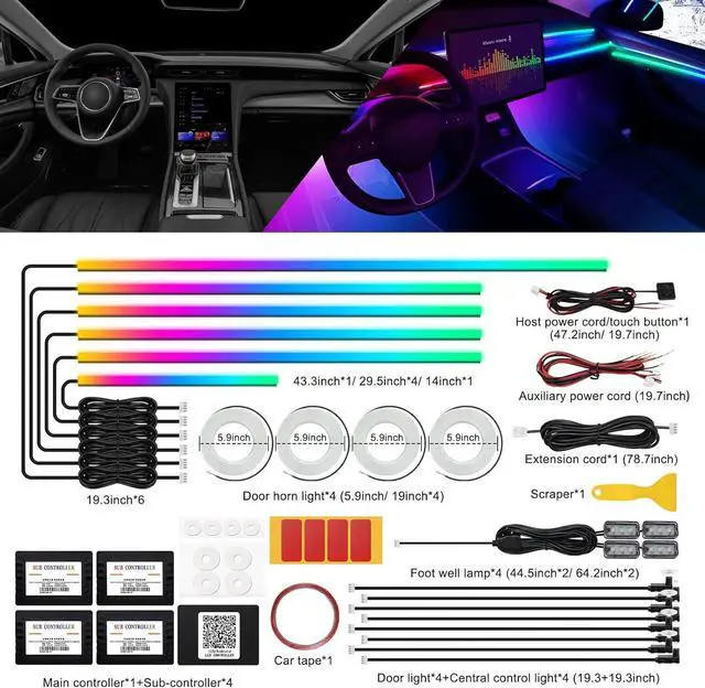 Alt view image 2 of 7 - Acrylic Interior Car LED Strip Light with Wireless APP, RGB 22 in 1 with 175 inches 593 LEDs Fiber Optic Ambient Lighting Kits, 16 Million Colors Sound Active Function Car Neon Lights