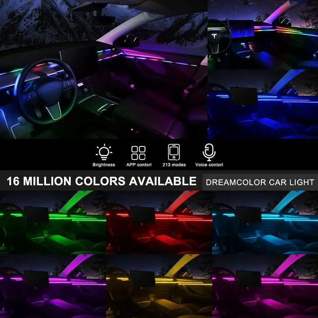 Alt view image 3 of 7 - Acrylic Interior Car LED Strip Light with Wireless APP, RGB 22 in 1 with 175 inches 593 LEDs Fiber Optic Ambient Lighting Kits, 16 Million Colors Sound Active Function Car Neon Lights