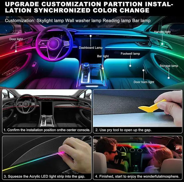 Alt view image 6 of 7 - Dreamcolor Acrylic Interior Car LED Strip Light with Wireless APP, RGB 14 in 1 with 175 inches 600 LEDs Fiber Optic Car Ambient Lighting Kits, Dual Zone Sound Active Function LED Strip for Car