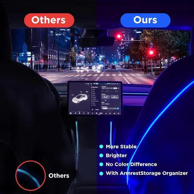 Alt view image 6 of 7 - 2016-2020 Tesla Model 3 Y Interior Car Neon Lights (Center Console+Dashboard+Seat Back+4 Foot Lights) with Matching Armrest Organizer, Tesla Ambient Lighting, APP-Controlled LED Strip Lights