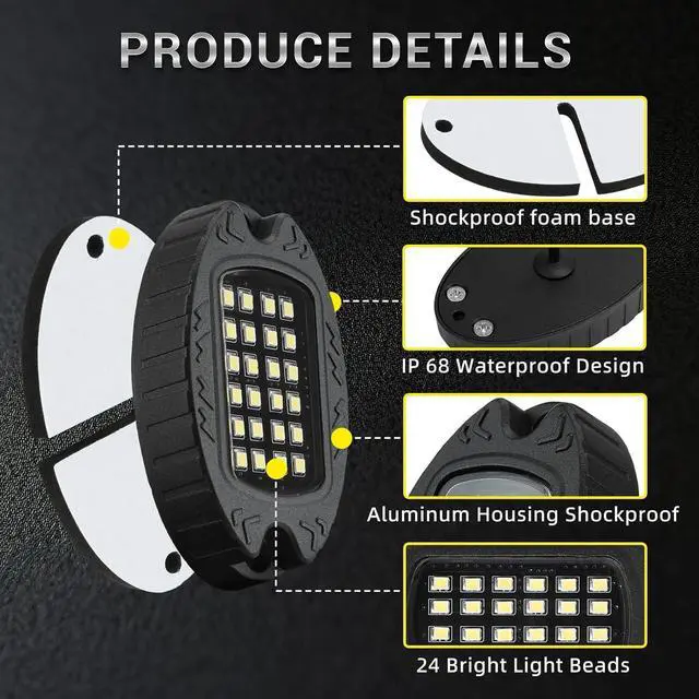 Alt view image 5 of 7 - 6 Pods Metal LED White Rock Lights for ATV SUV UTV RZR Car Trailer Truck Offroad, Alloy 6000K 24 LEDs Pure White Neon Underglow Light with Switch Extension Harness Under Trail Rig Fender Lighting