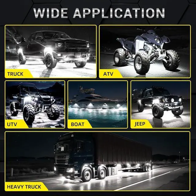 Alt view image 7 of 7 - 6 Pods Metal LED White Rock Lights for ATV SUV UTV RZR Car Trailer Truck Offroad, Alloy 6000K 24 LEDs Pure White Neon Underglow Light with Switch Extension Harness Under Trail Rig Fender Lighting