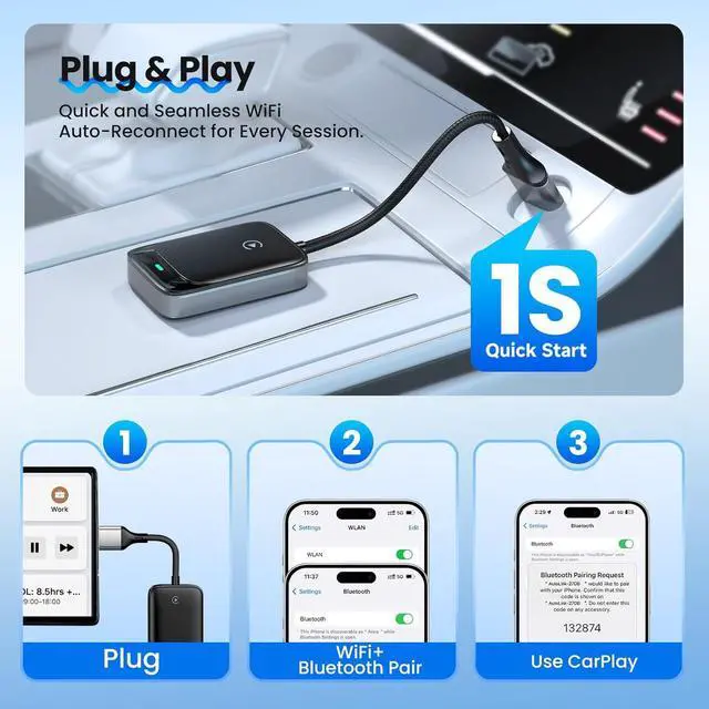 Alt view image 3 of 7 - Wireless CarPlay Adapter for iPhone, Converts Wired to Carplay Wireless Adapter, Compatible with iOS 10+ and Cars from 2016, Mini Size, Plug and Play, Stable Control
