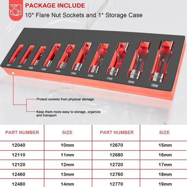 Alt view image 7 of 7 - 12030 Flare Nut Socket Set Fit 3/8" Metric Square Drive, 10-19mm, 10 pc, Diesel Injector Fuel Line Socket Wrench Set for Use in Narrow Areas