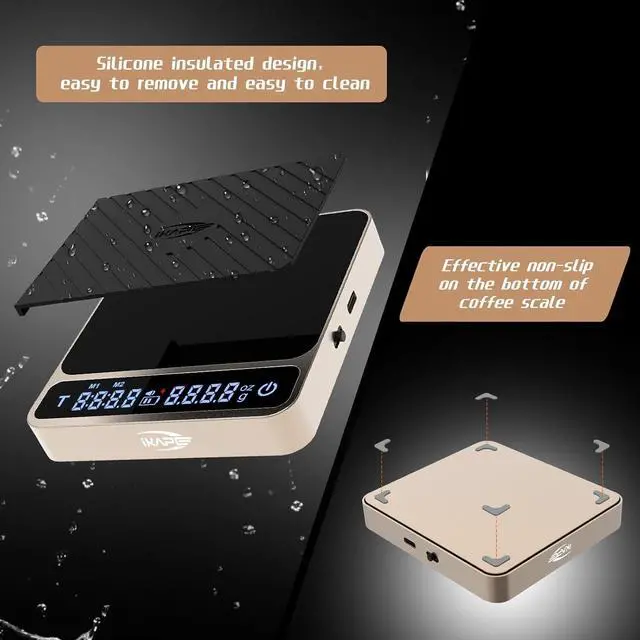 Alt view image 4 of 7 - Digital Coffee Scale, Premium Aluminium Espresso Scales with Timer, 2kg/0.1g High Precision Rechargeable Drip Espresso Scale with Tare Function, LED Display(Gold)