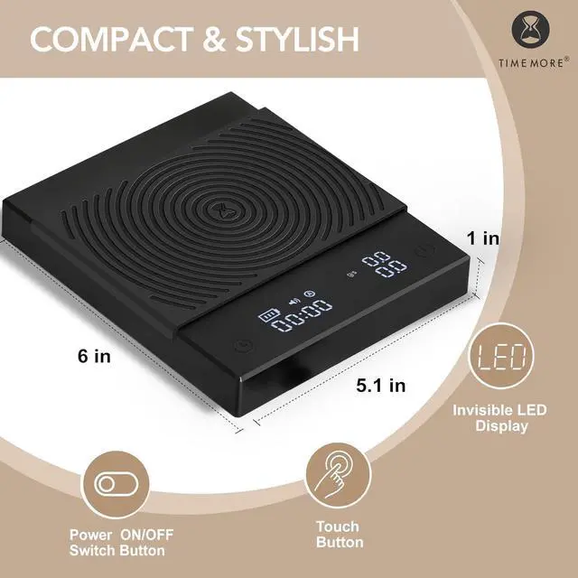 Alt view image 3 of 7 - Coffee Scale Basic 2.0 with Timer,Black Mirror Espresso Scale with Flow Rate Function, 2000g/0.1g High Accuracy, Digital Coffee Scale for Pour Over Drip Coffee, Black