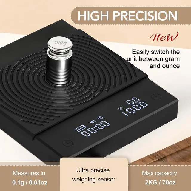 Alt view image 4 of 7 - Coffee Scale Basic 2.0 with Timer,Black Mirror Espresso Scale with Flow Rate Function, 2000g/0.1g High Accuracy, Digital Coffee Scale for Pour Over Drip Coffee, Black