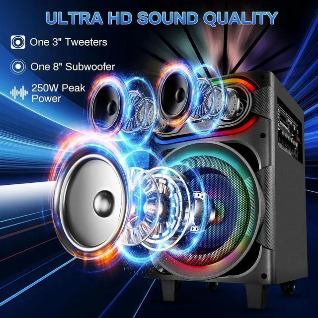 Alt view image 3 of 7 - Karaoke Machine for Adults, Portable Singing Karaoke Speaker with 2 Wireless Microphones Large Loud Speaker Karaoke Machine with Disco Light & Wheels LED Light with TWS/REC/USB/TF/AUX for Party