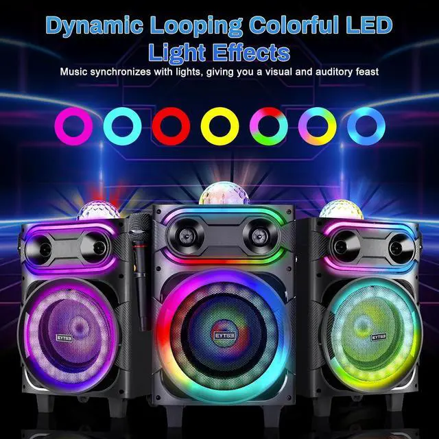 Alt view image 4 of 7 - Karaoke Machine for Adults, Portable Singing Karaoke Speaker with 2 Wireless Microphones Large Loud Speaker Karaoke Machine with Disco Light & Wheels LED Light with TWS/REC/USB/TF/AUX for Party