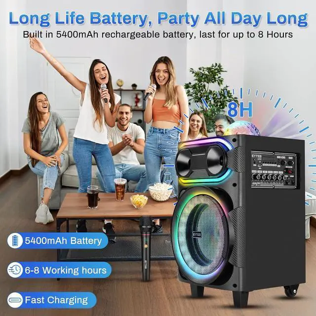 Alt view image 2 of 7 - Karaoke Machine for Adults, Portable Singing Karaoke Speaker with 2 Wireless Microphones Large Loud Speaker Karaoke Machine with Disco Light & Wheels LED Light with TWS/REC/USB/TF/AUX for Party