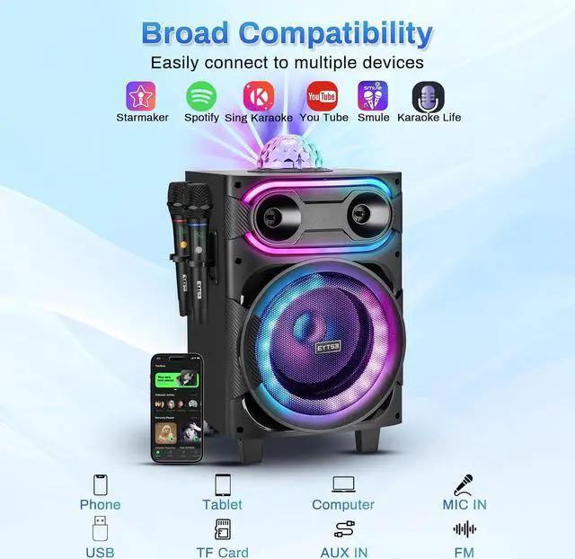 Alt view image 5 of 7 - Karaoke Machine for Adults, Portable Singing Karaoke Speaker with 2 Wireless Microphones Large Loud Speaker Karaoke Machine with Disco Light & Wheels LED Light with TWS/REC/USB/TF/AUX for Party