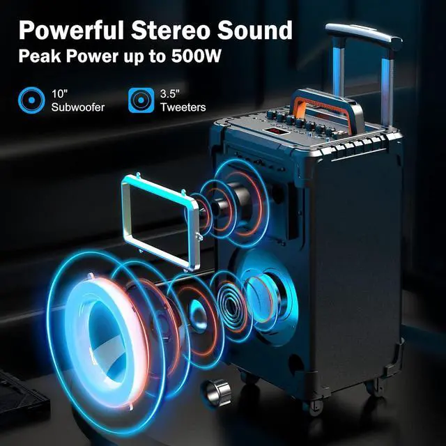 Alt view image 2 of 7 - Karaoke Machine, 10" Woofer Big Bluetooth Karaoke Speaker, Portable Microphone Speaker with 2 Wireless Mics, Party Lights, Supports Vocal Cut, TWS/Bluetooth/REC/USB/TF/AUX