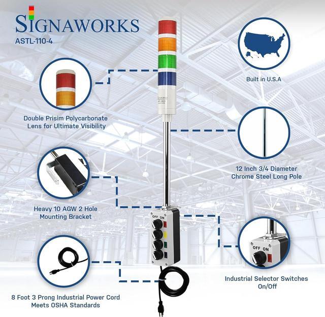 Alt view image 3 of 7 - 4 Stack Super Bright LED Andon Tower Light, Off-Steady, Red/Amber/Green/Blue, 8 ft Industrial Power Cord, Plug & Play Ready, 3 Prong Plug Meets OHSA Standard * Made in USA *