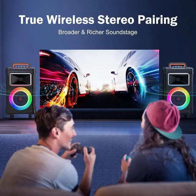 Alt view image 5 of 7 - Karaoke Machine, 10" Woofer Big Bluetooth Karaoke Speaker, Portable Microphone Speaker with 2 Wireless Mics, Party Lights, Supports Vocal Cut, TWS/Bluetooth/REC/USB/TF/AUX