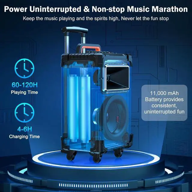 Alt view image 7 of 7 - Karaoke Machine, 10" Woofer Big Bluetooth Karaoke Speaker, Portable Microphone Speaker with 2 Wireless Mics, Party Lights, Supports Vocal Cut, TWS/Bluetooth/REC/USB/TF/AUX