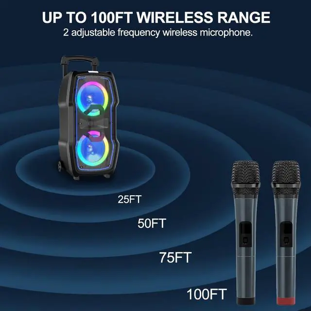 Alt view image 7 of 7 - Karaoke Machine, Wireless Bluetooth PA System for Adults & Kids with Dual 8'' Subwoofers, 2 UHF Wireless Mics, Colorful LED Lights, Ideal for Home Karaoke, Party, Stage Performance (VS-0808)