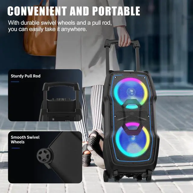 Alt view image 4 of 7 - Karaoke Machine, Wireless Bluetooth PA System for Adults & Kids with Dual 8'' Subwoofers, 2 UHF Wireless Mics, Colorful LED Lights, Ideal for Home Karaoke, Party, Stage Performance (VS-0808)