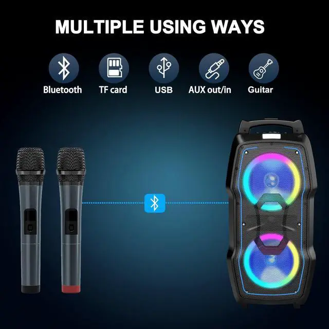 Alt view image 6 of 7 - Karaoke Machine, Wireless Bluetooth PA System for Adults & Kids with Dual 8'' Subwoofers, 2 UHF Wireless Mics, Colorful LED Lights, Ideal for Home Karaoke, Party, Stage Performance (VS-0808)