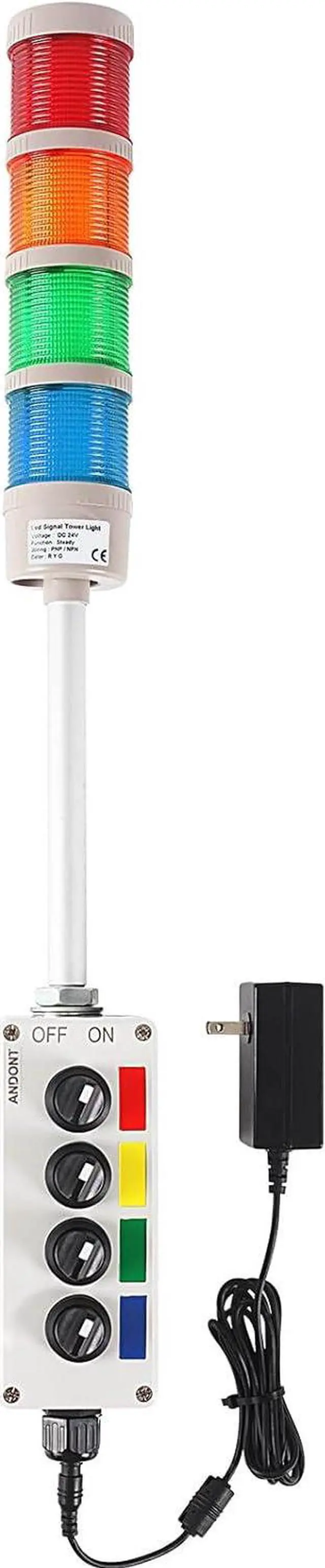 Main image of 4 Stack Super Bright LED Andon Tower Lights with Buzzer, Off-ON or Flash, 6 ft Industrial Adapter, Plug Play Ready