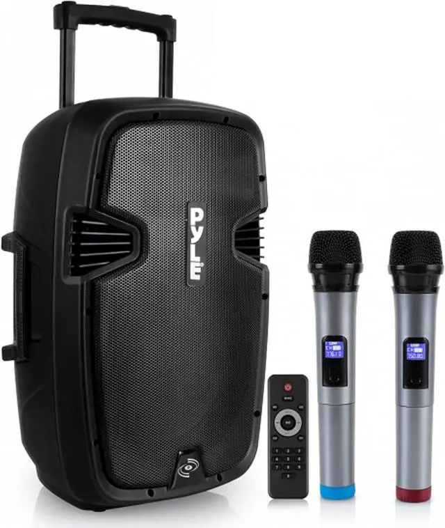 Main image of PPHP1299WU.5 Karaoke Portable PA Speaker System - 1000W Active Powered Wireless Bluetooth Compatible Outdoor Speaker W/Rechargeable Battery, Wheels, USB MP3 RCA, 2 UHF Microphone, Remote, Black