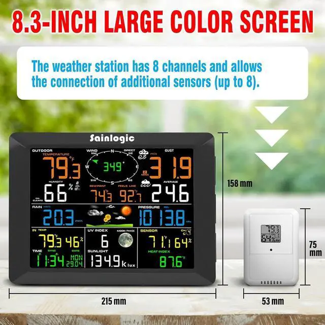Alt view image 2 of 6 - 8.3 Inch Color Display WLAN Weather Stations Wireless Indoor Outdoor with 7-in-1 Rain Gauge and Wind Speed Sensor, Internet Wireless Weather Station Remote Monitoring System