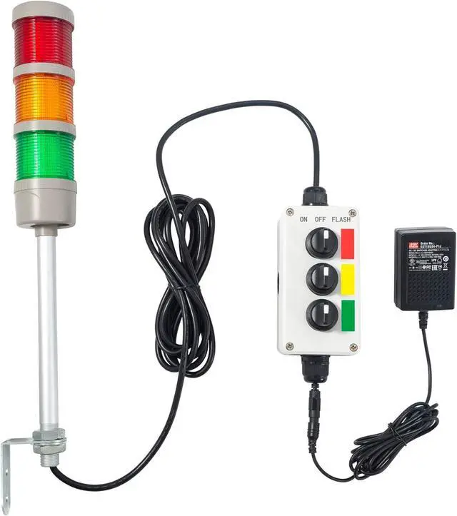 Main image of 3 Stack Super Bright LED Andon Tower Lights, ON-Off-Flash,16 ft Extension Cord, 6 ft Industrial Adapter, Plug Play Ready