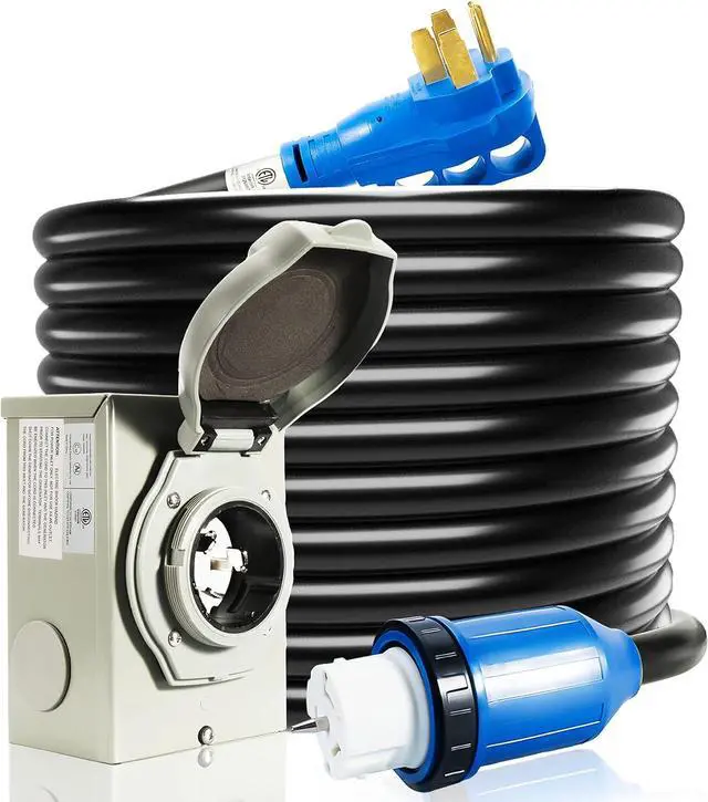 Main image of 50 Amp Generator Cord and Power Inlet Box, 20FT Generator Cords 50 Amp,125V/250V Generator Power Cord NEMA14-50P/SS2-50R Twist Lock Connector, Male-to-Female, Black