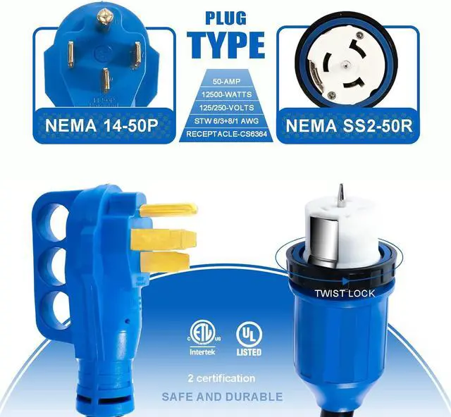 Alt view image 3 of 7 - 50 Amp Generator Cord and Power Inlet Box, 20FT Generator Cords 50 Amp,125V/250V Generator Power Cord NEMA14-50P/SS2-50R Twist Lock Connector, Male-to-Female, Black