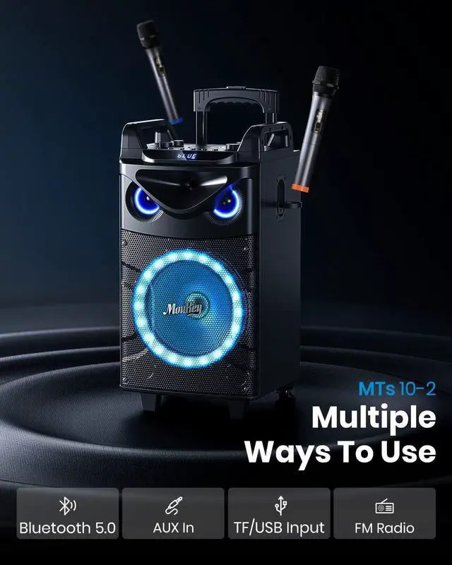 Alt view image 3 of 7 - Karaoke Machine, 10" Woofer Portable PA System, Bluetooth Speaker with 2 Wireless Microphones, Lyrics Display Tablet Holder, Party Lights & Echo/Treble/Bass Adjustment Support REC/AUX/USB/TF
