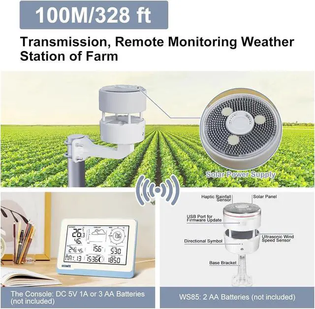 Alt view image 2 of 5 - Weather Station Kit WS3802, Includes 7.5'' Large LCD Display IoT Console WS3800, WS85 Outdoor Sensor Array and WN32 Single-Channel Outdoor Thermometer & Hygrometer Sensor, 915 MHz