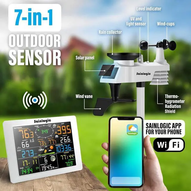 Alt view image 2 of 7 - WiFi Weather Station with 8.3 inch Large Display Wireless Weather Station, Indoor Outdoor Remote Monitoring System, Rain Gauge and Temperature Wind Gauge, Wunderground(White)