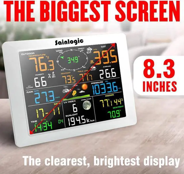 Alt view image 3 of 7 - WiFi Weather Station with 8.3 inch Large Display Wireless Weather Station, Indoor Outdoor Remote Monitoring System, Rain Gauge and Temperature Wind Gauge, Wunderground(White)