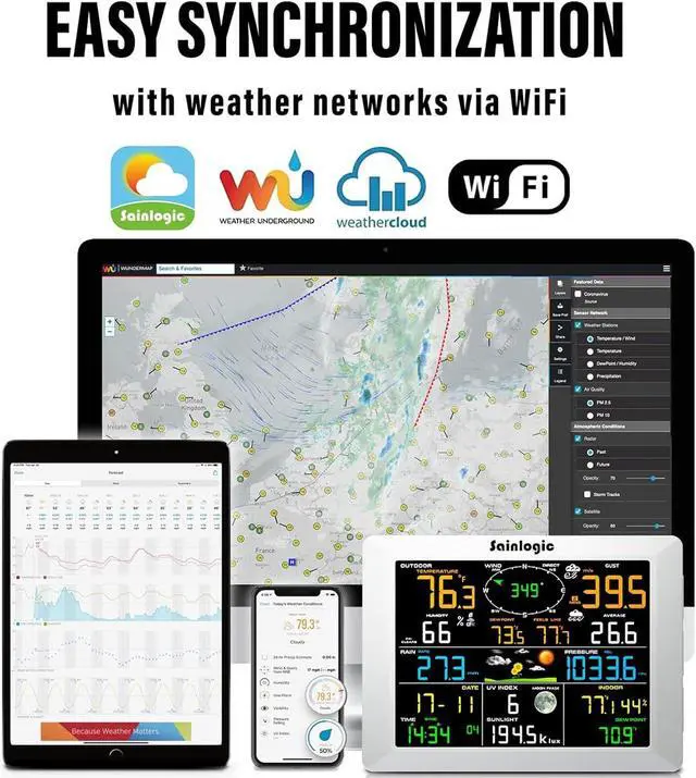 Alt view image 5 of 7 - WiFi Weather Station with 8.3 inch Large Display Wireless Weather Station, Indoor Outdoor Remote Monitoring System, Rain Gauge and Temperature Wind Gauge, Wunderground(White)