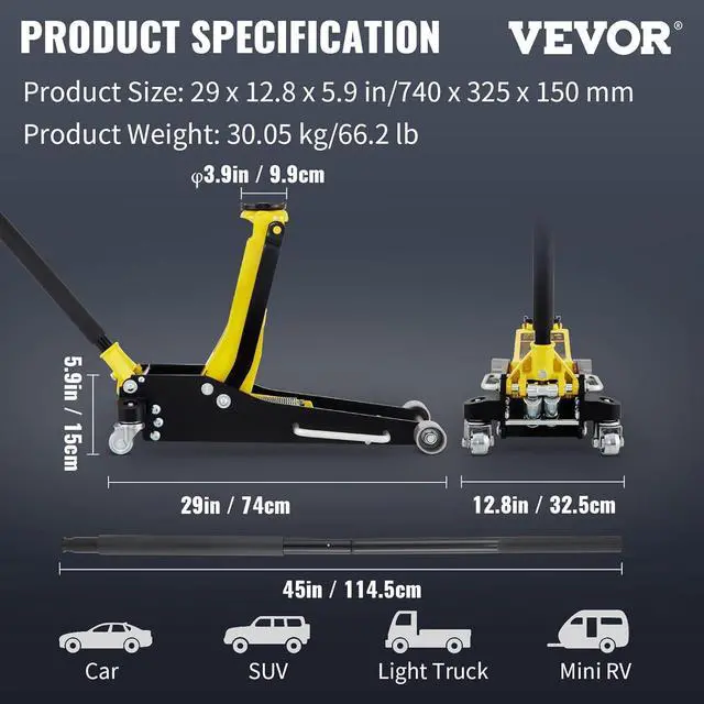 Alt view image 7 of 7 - 3 Ton Low Profile , Aluminum and Steel Racing Floor Jack with Dual Pistons Quick Lift Pump for Sport Utility Vehicle, Lifting Range 3-6/11"-19-11/16", yellow,black
