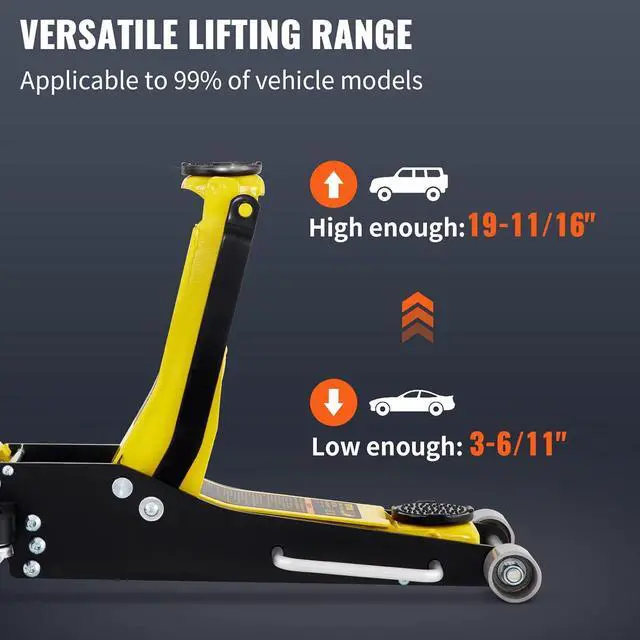 Alt view image 3 of 7 - 3 Ton Low Profile , Aluminum and Steel Racing Floor Jack with Dual Pistons Quick Lift Pump for Sport Utility Vehicle, Lifting Range 3-6/11"-19-11/16", yellow,black
